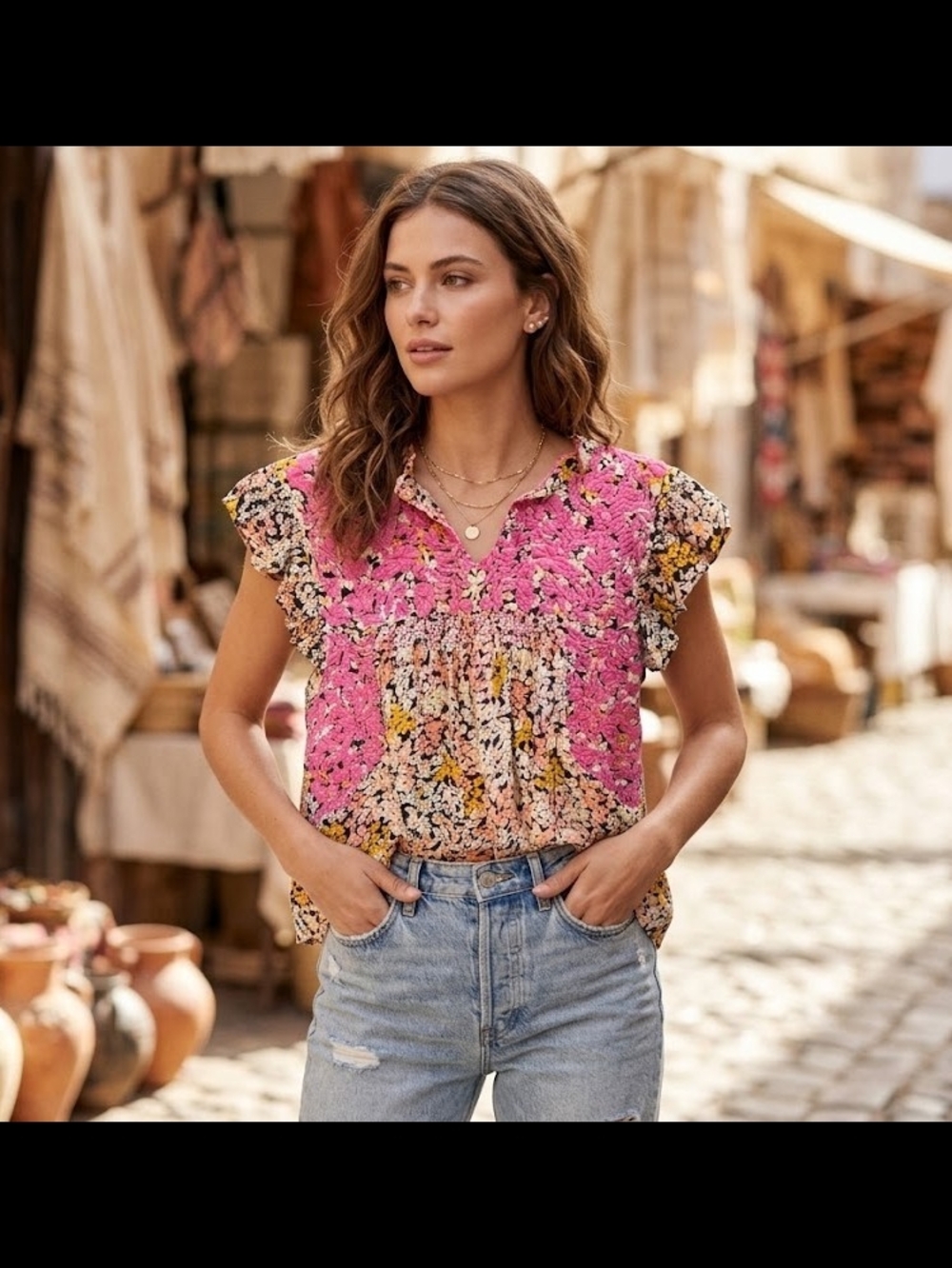 THML Pink Floral Smocked Flutter Sleeve Blouse